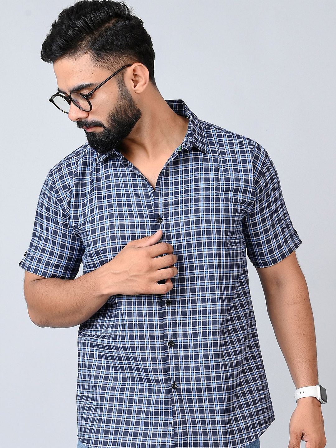 

Tanip Men Spread Collar Checked Cotton Casual Shirt, Blue