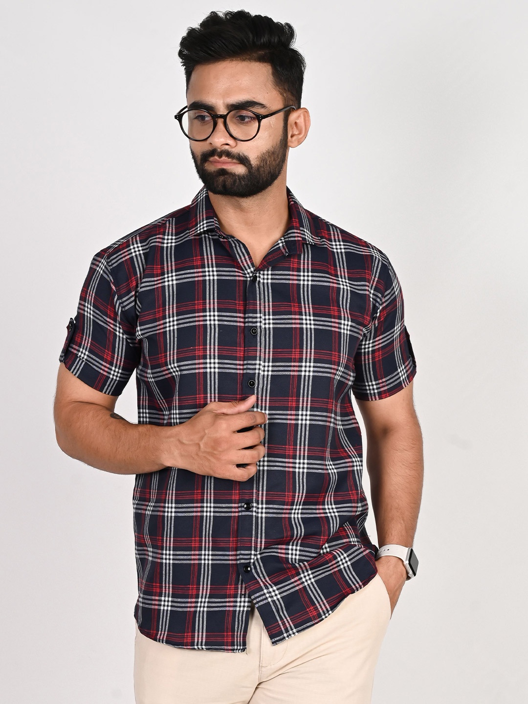 

Tanip Men Spread Collar Tartan Checked Cotton Casual Shirt, Navy blue