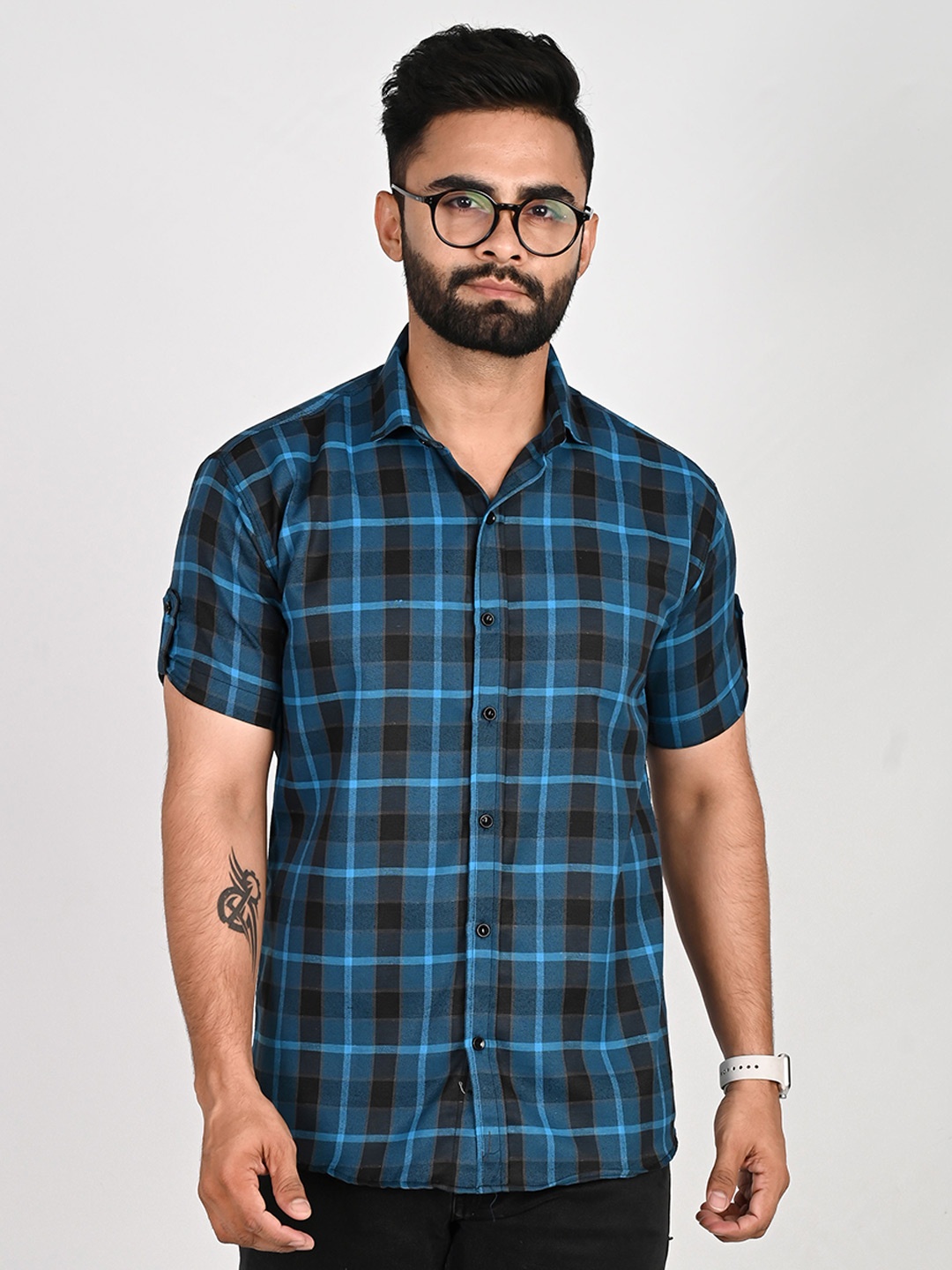 

Tanip Men Spread Collar Checked Cotton Casual Shirt, Blue