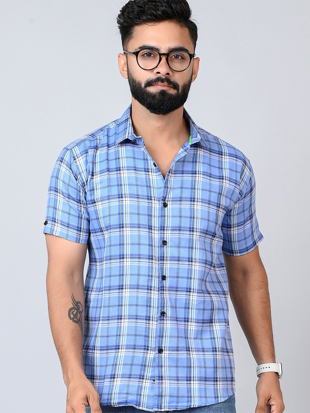 

Tanip Men Spread Collar Tartan Checked Cotton Casual Shirt, Blue