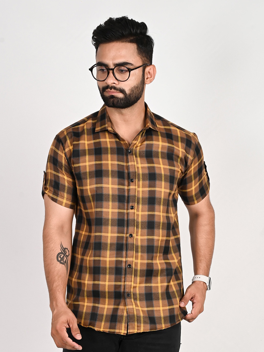 

Tanip Men Speread Collar Checked Cotton Casual Shirt, Yellow