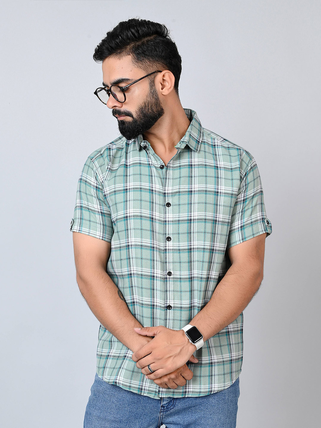 

Tanip Men Spread Collar Tartan Checked Cotton Casual Shirt, Green