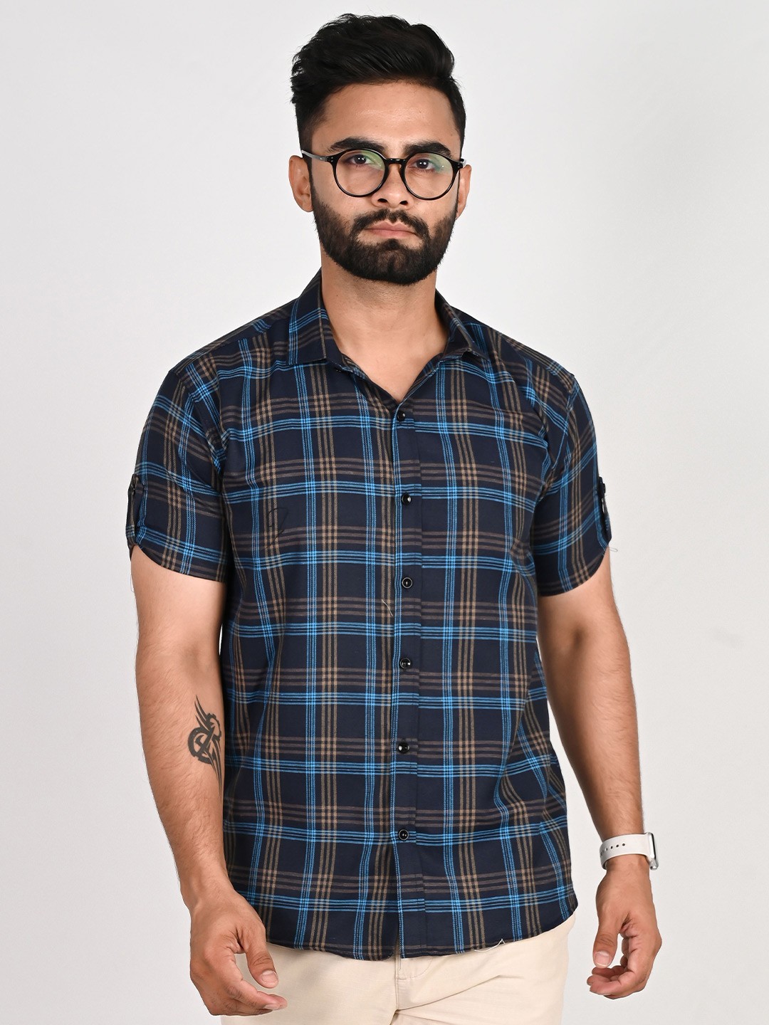 

Tanip Men Spread Collar Tartan Checked Cotton Casual Shirt, Navy blue