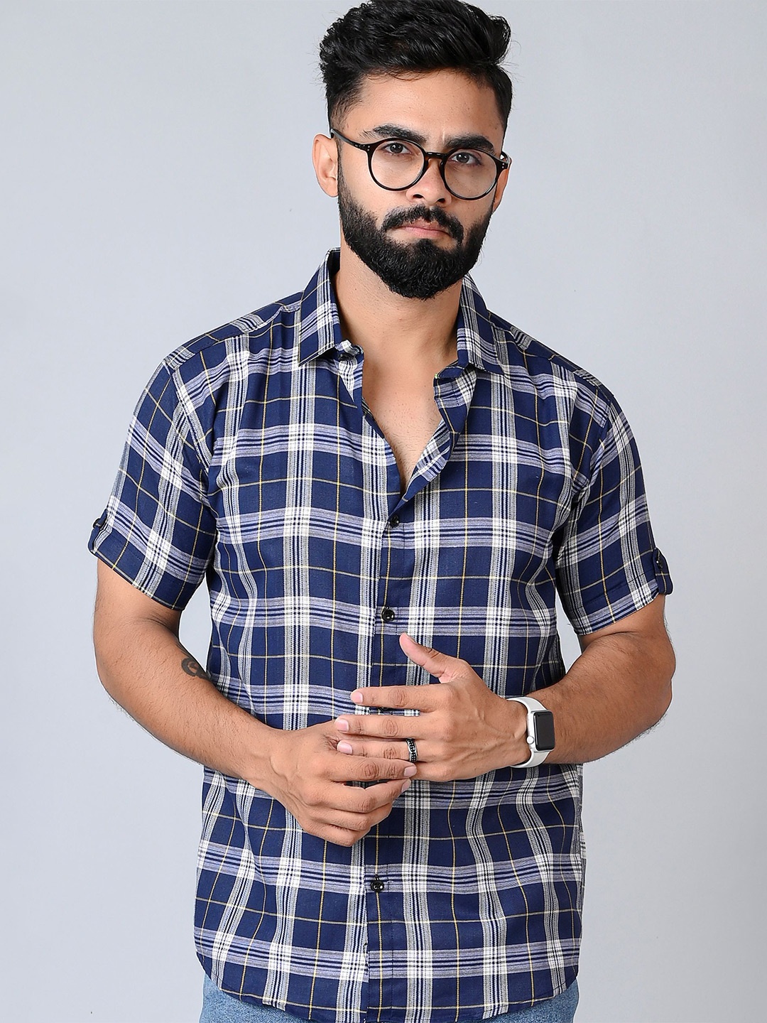

Tanip Men Speread Collar Checked Cotton Casual Shirt, Navy blue