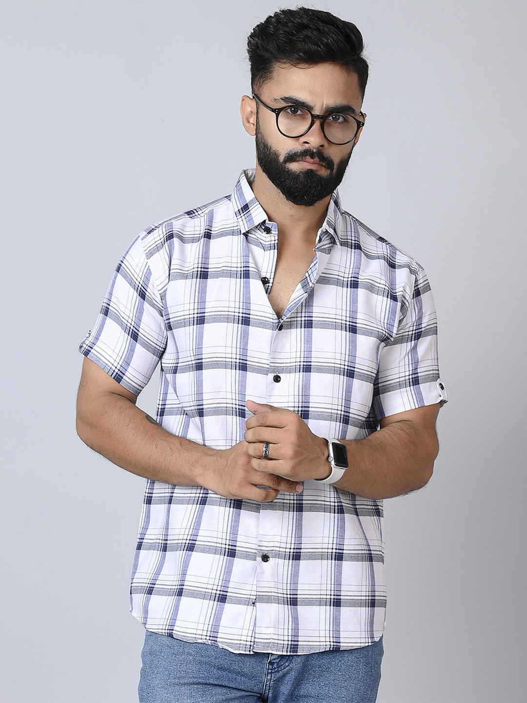 

Tanip Men Spread Collar Tartan Checked Cotton Casual Shirt, White