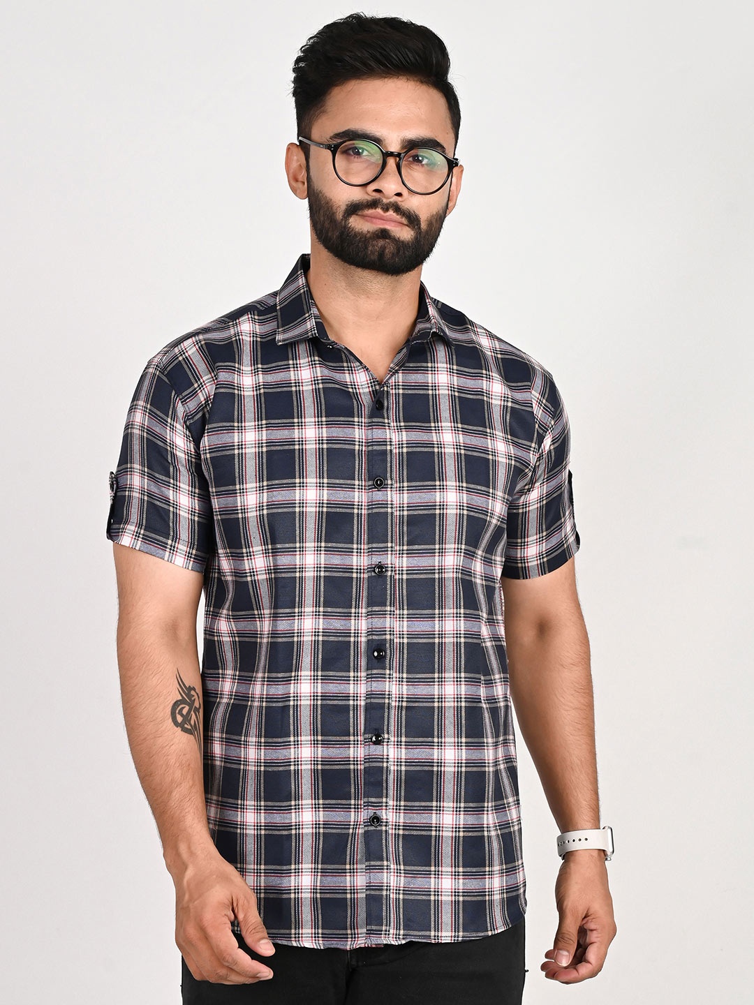 

Tanip Men Spread Collar Tartan Checked Cotton Casual Shirt, Navy blue