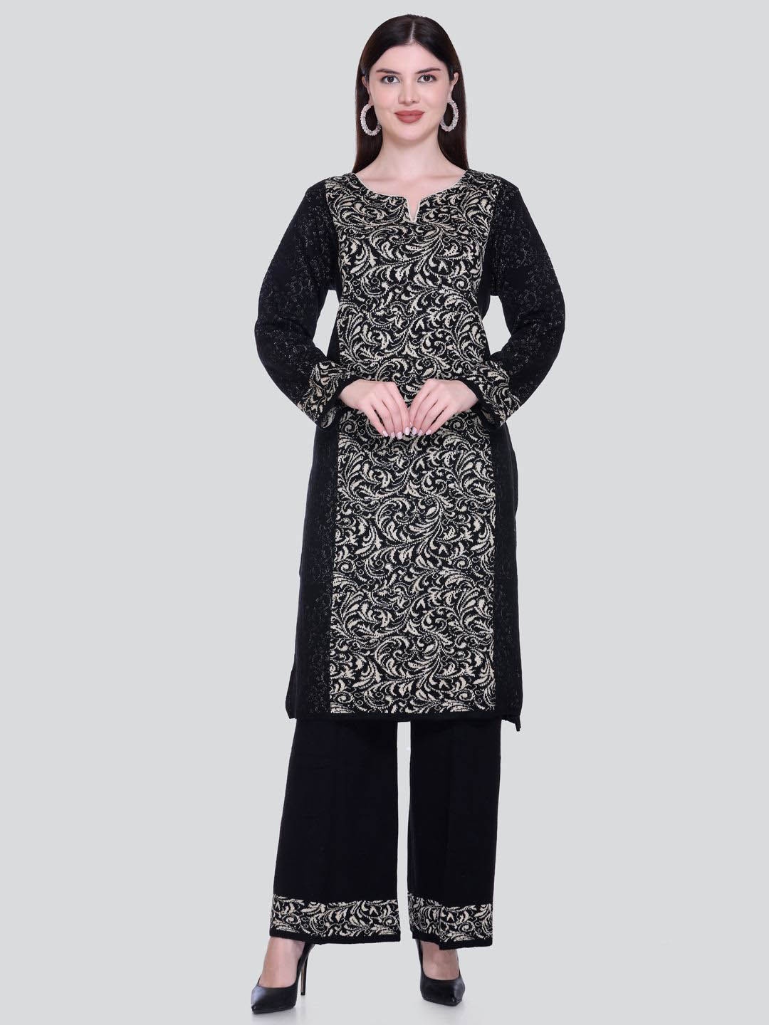 

Numalo Floral Woven Design Round Neck Long Sleeves Regular Kurta With Palazzo, Black
