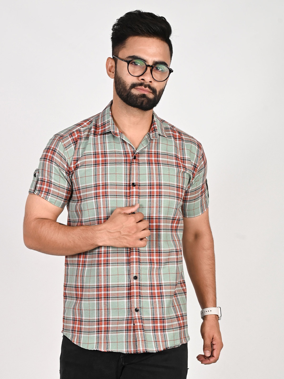 

Tanip Men Spread Collar Tartan Checked Cotton Casual Shirt, Green