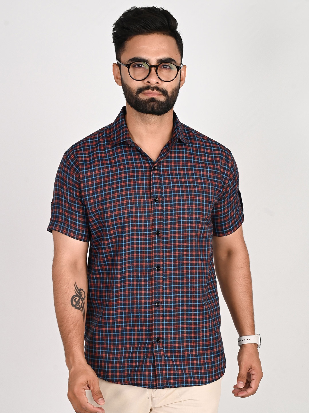 

Tanip Men Spread Collar Checked Cotton Casual Shirt, Brown