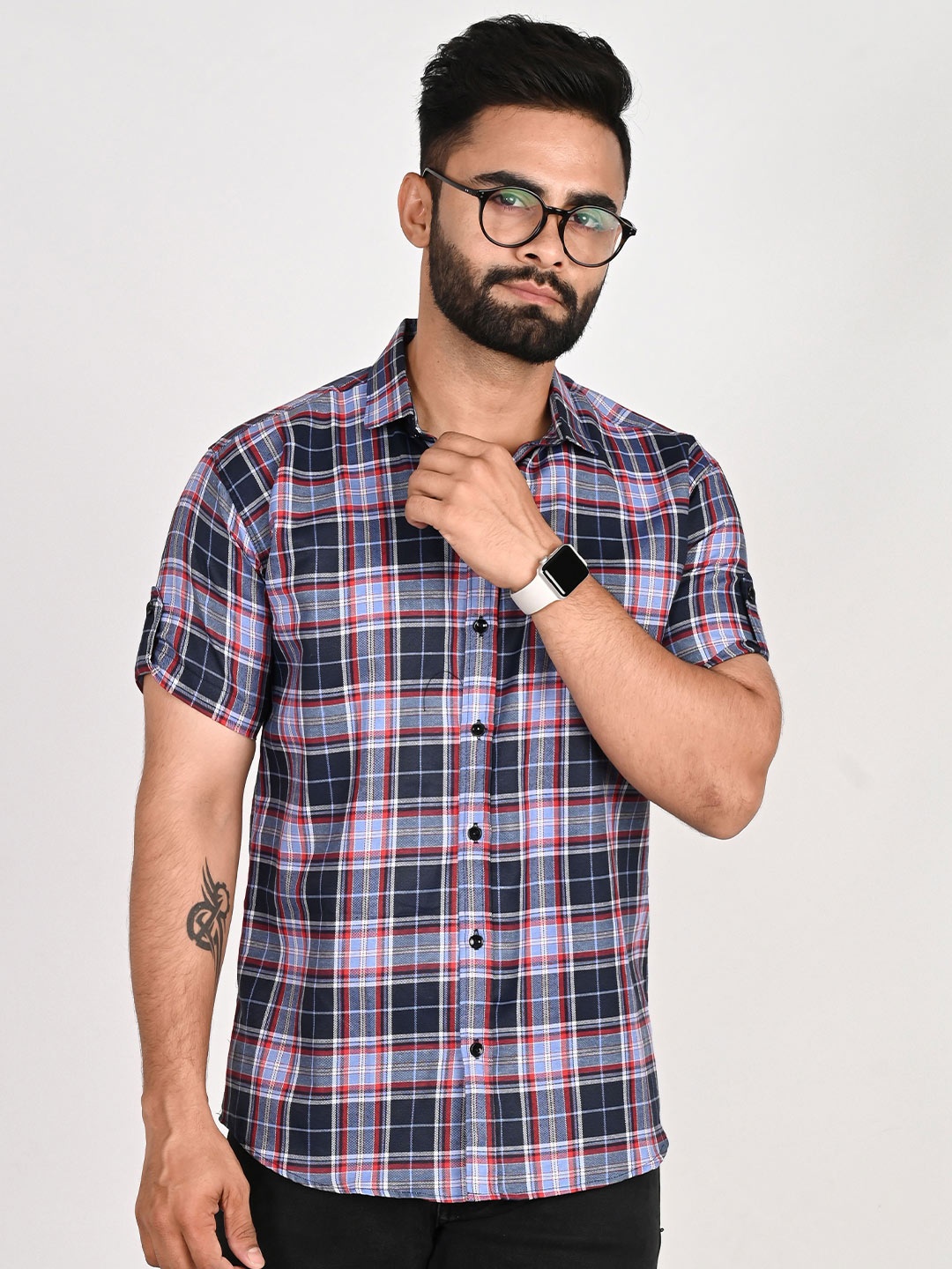 

Tanip Men Spread Collar Tartan Checked Cotton Casual Shirt, Navy blue