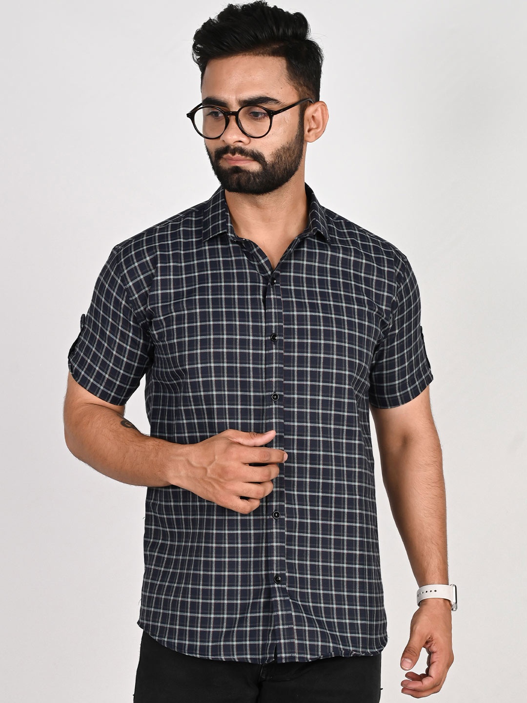 

Tanip Men Spread Collar Checked Cotton Casual Shirt, Navy blue