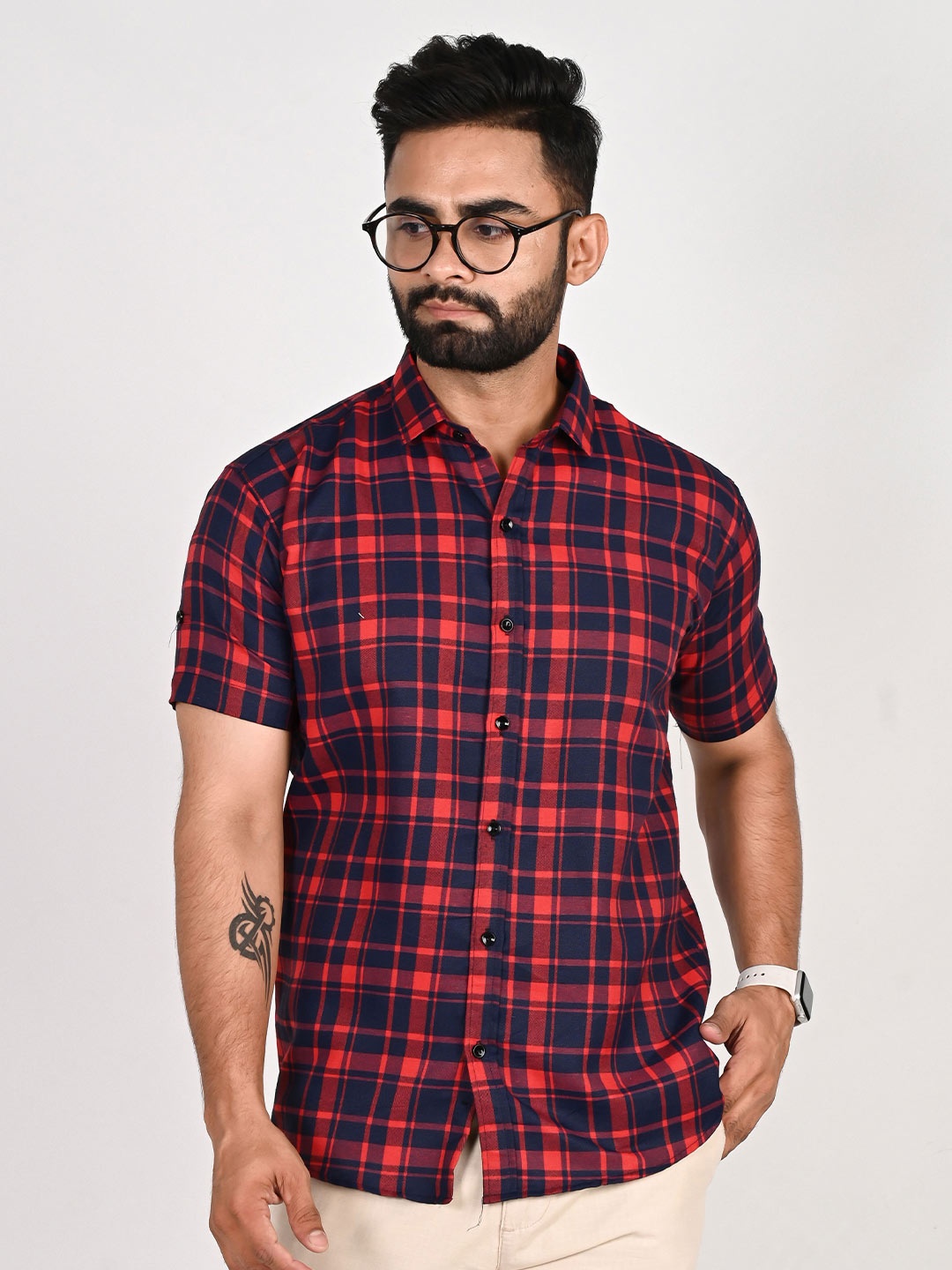 

Tanip Men Spread Collar Tartan Checked Cotton Casual Shirt, Navy blue