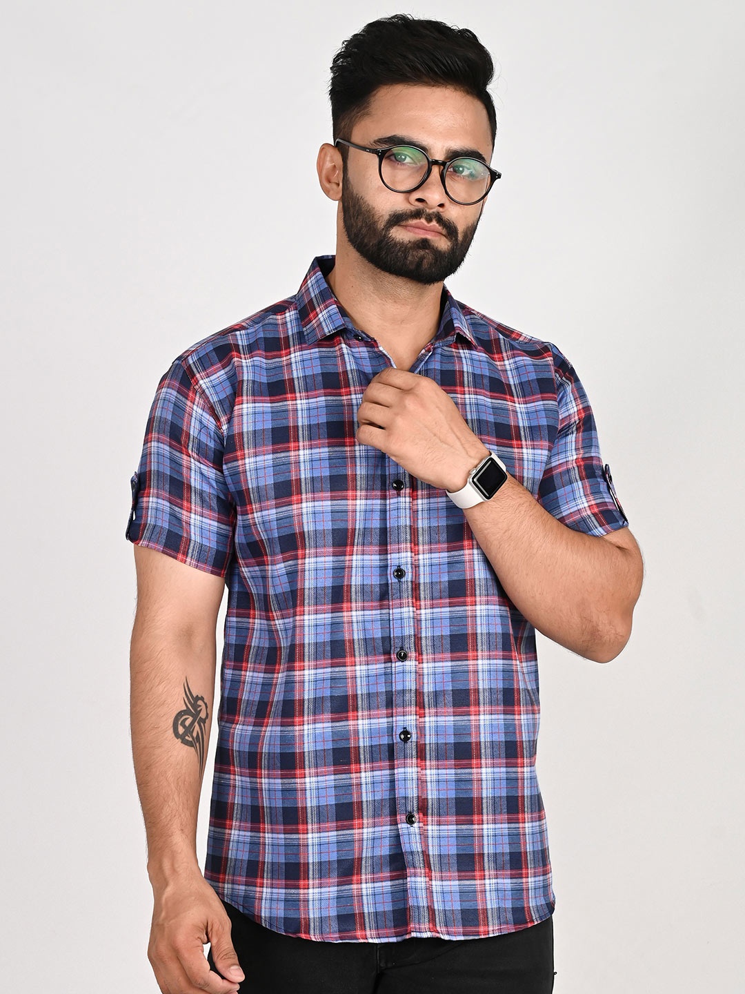 

Tanip Men Spread Collar Tartan Checked Cotton Casual Shirt, Blue