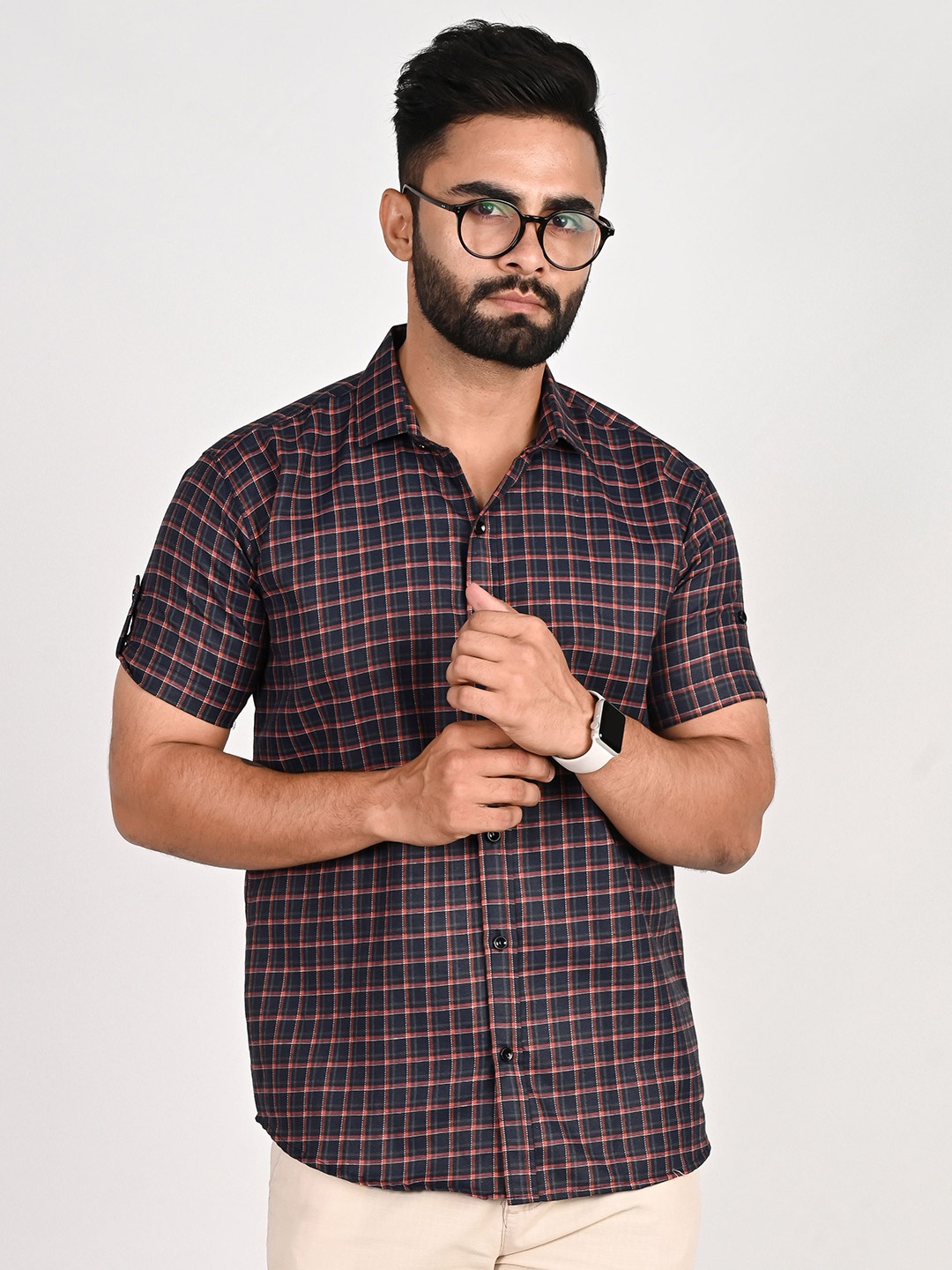 

Tanip Men Spread Collar Checked Cotton Casual Shirt, Navy blue