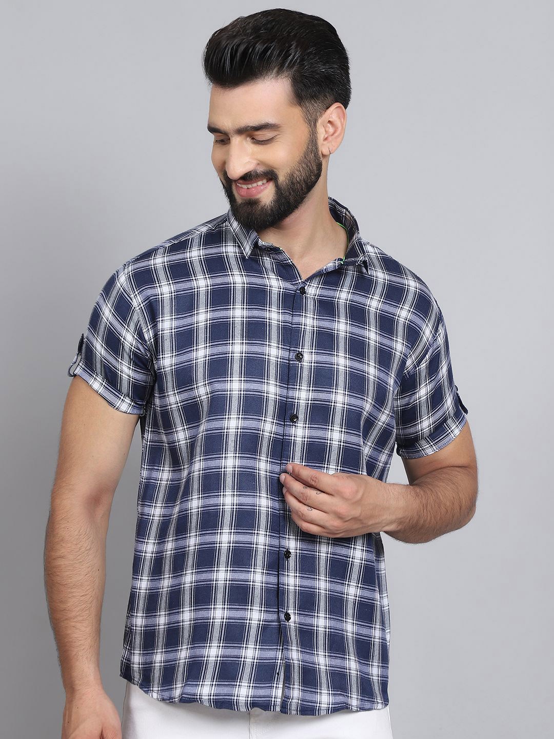 

Tanip Men Spread Collar Tartan Checked Cotton Casual Shirt, Blue