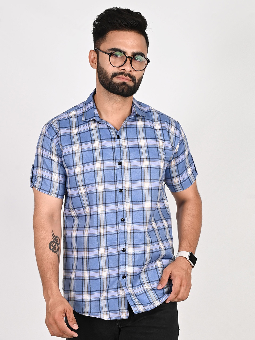 

Tanip Men Cutaway Collar Tartan Checked Cotton Casual Shirt, Blue