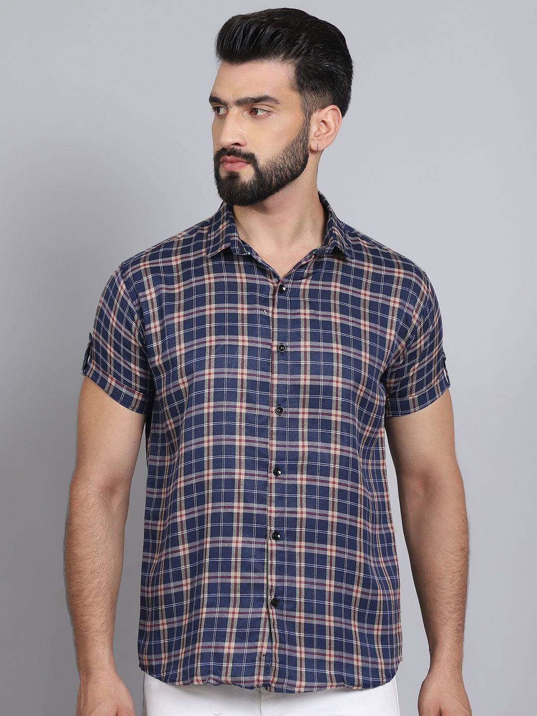 

Tanip Men Spread Collar Checked Cotton Casual Shirt, Navy blue