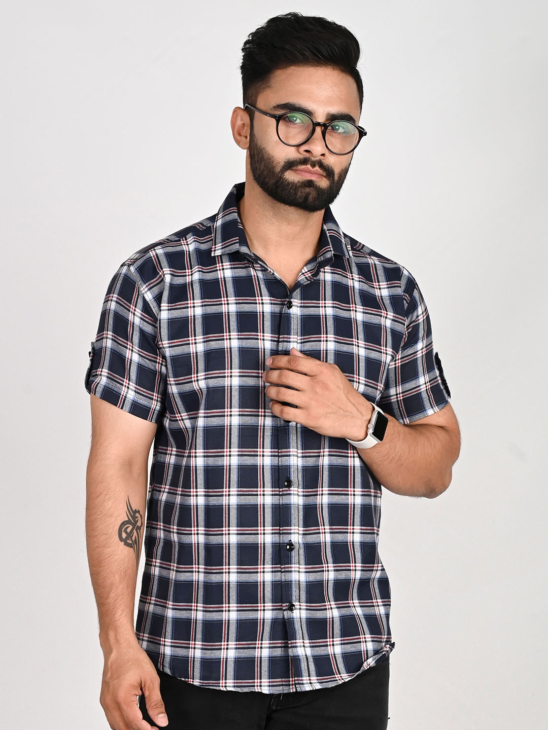 

Tanip Men Spread Collar Tartan Checked Cotton Casual Shirt, Navy blue