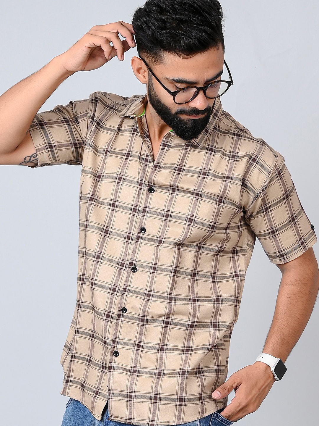 

Tanip Men Speread Collar Checked Cotton Casual Shirt, Beige