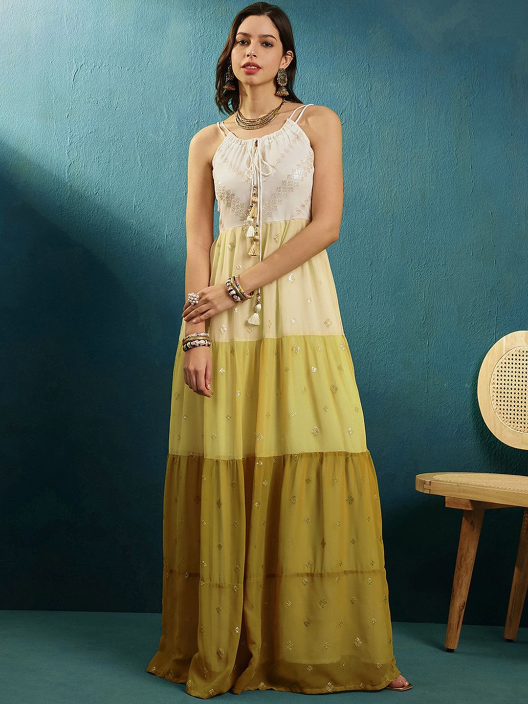 

Kvsfab Embroidered Fit & Flared Maxi Ethnic Dresses, Mustard