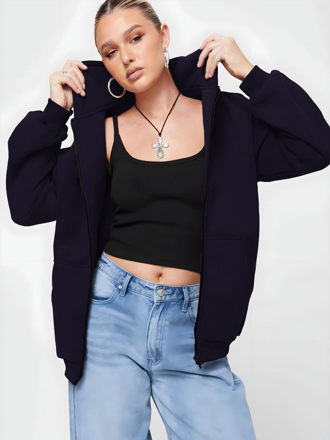 

Parona Women Hooded Solid Fleece Casual Oversized Bomber Jacket, Navy blue