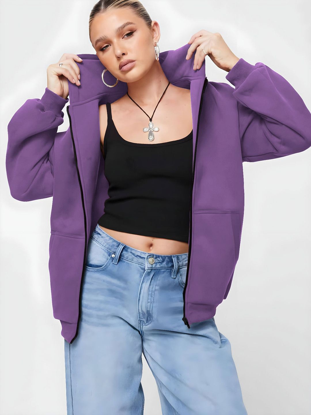 

Parona Women Hooded Solid Fleece Casual Oversized Bomber Jacket, Lavender