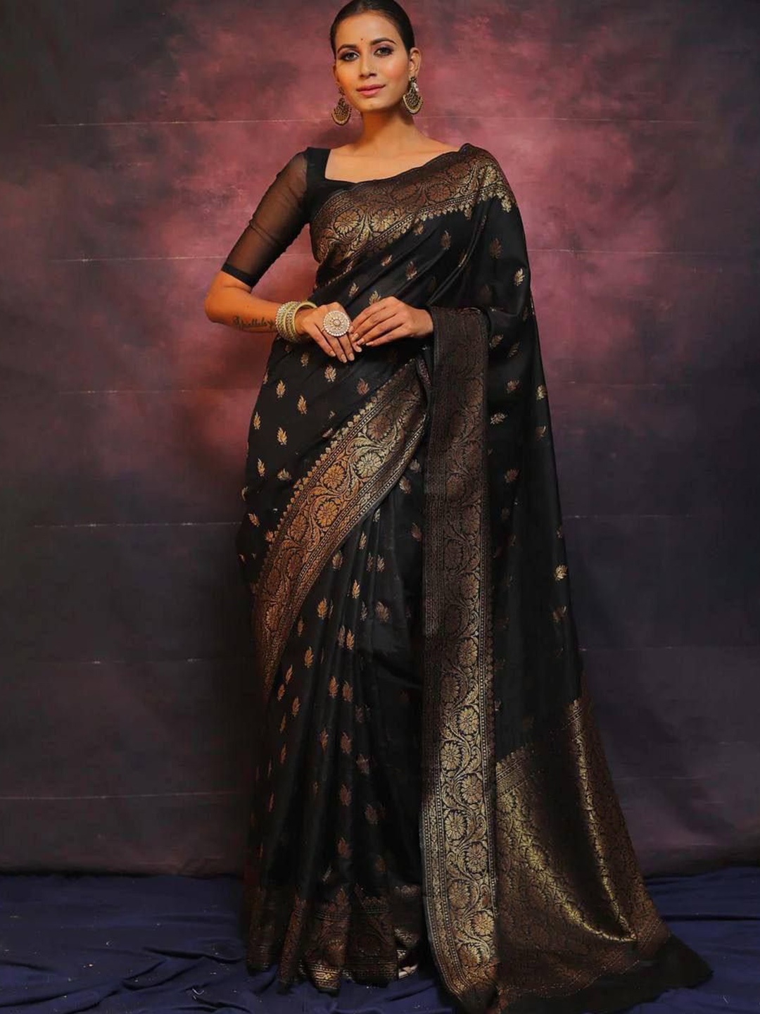 

KALINI Ethnic Motifs Zari Silk Cotton Banarasi Saree, Black