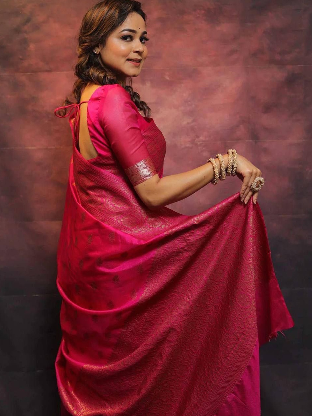 

KALINI Woven Design Zari Silk Cotton Banarasi Saree, Pink