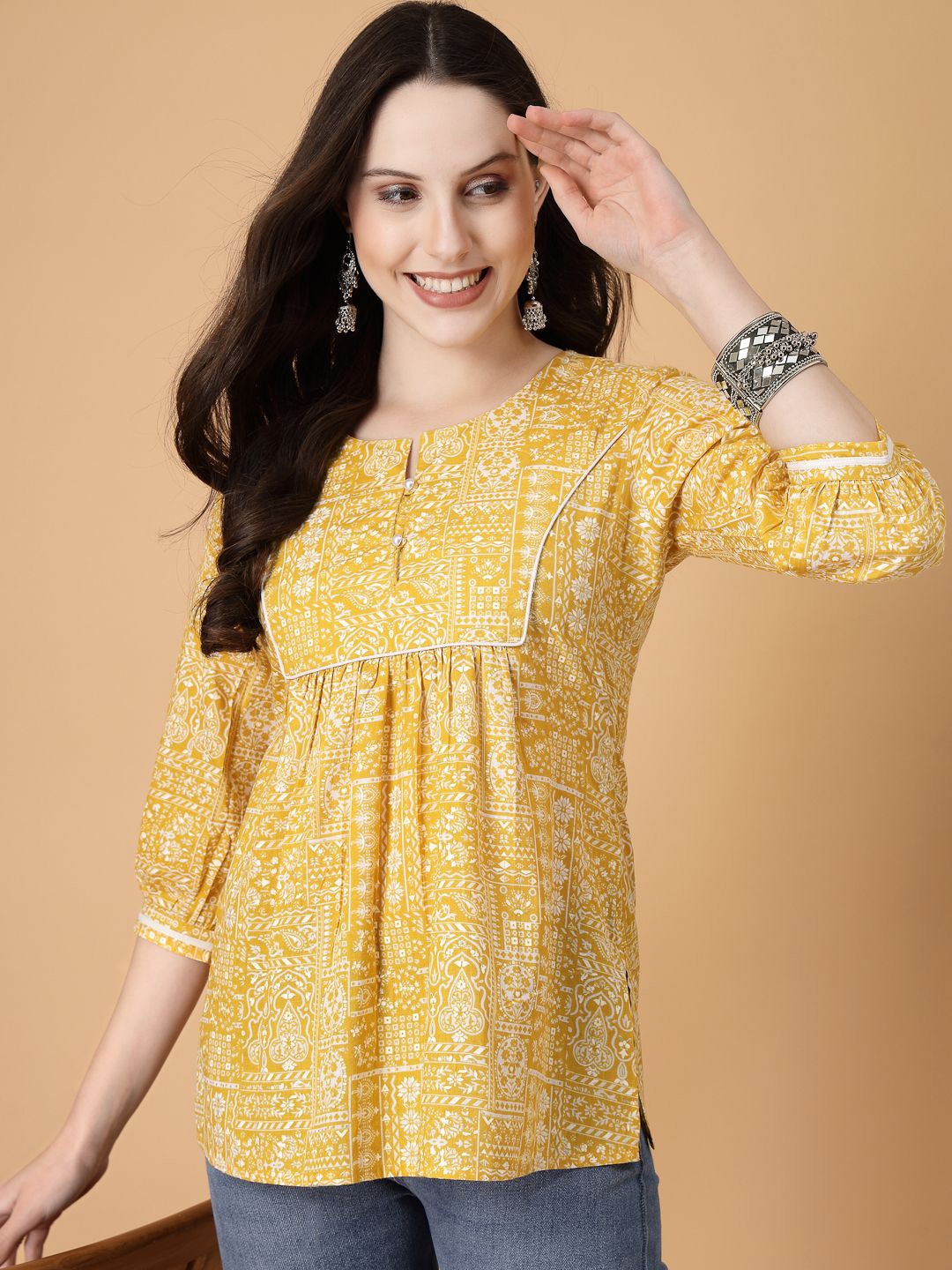 God Bless Floral Printed Pure Cotton Kurti, Yellow