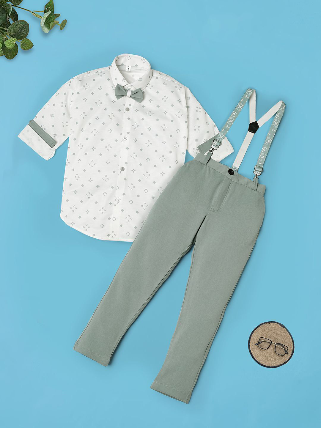 

Ridokidz Boys Printed Shirt Collar Long Sleeves Shirt With Trouser With Suspender, White