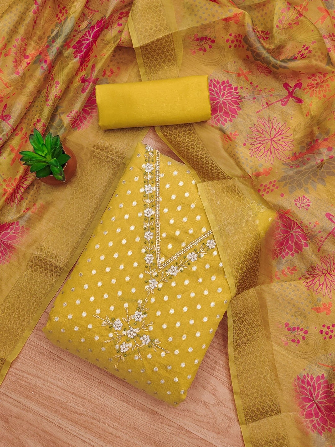 

KALINI Floral Woven Design Beads and Stones Unstitched Dress Material, Yellow
