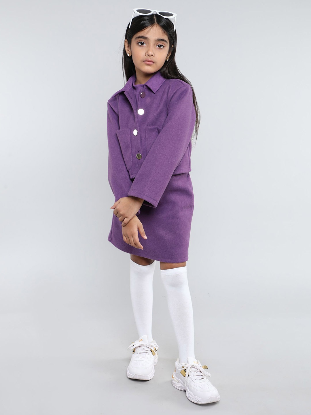 

taffykids Girls Shirt Collar Long Sleeves Shirt With Skirt, Purple