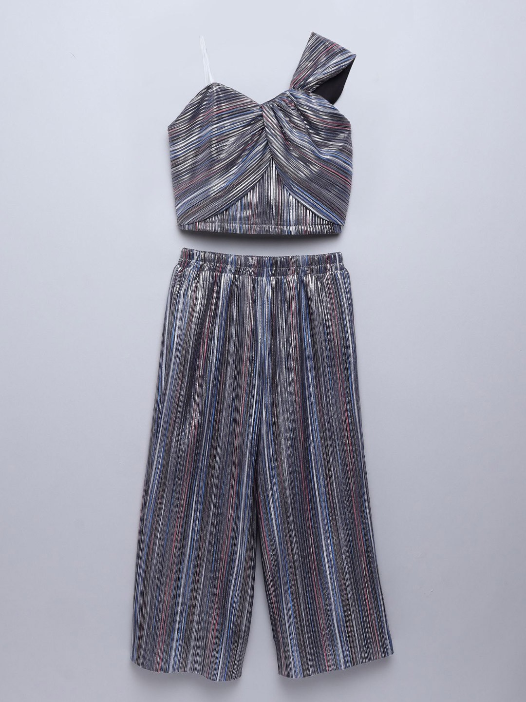 

taffykids Girls Striped One Shoulder Neck Sleeveless Top With Palazzo, Black