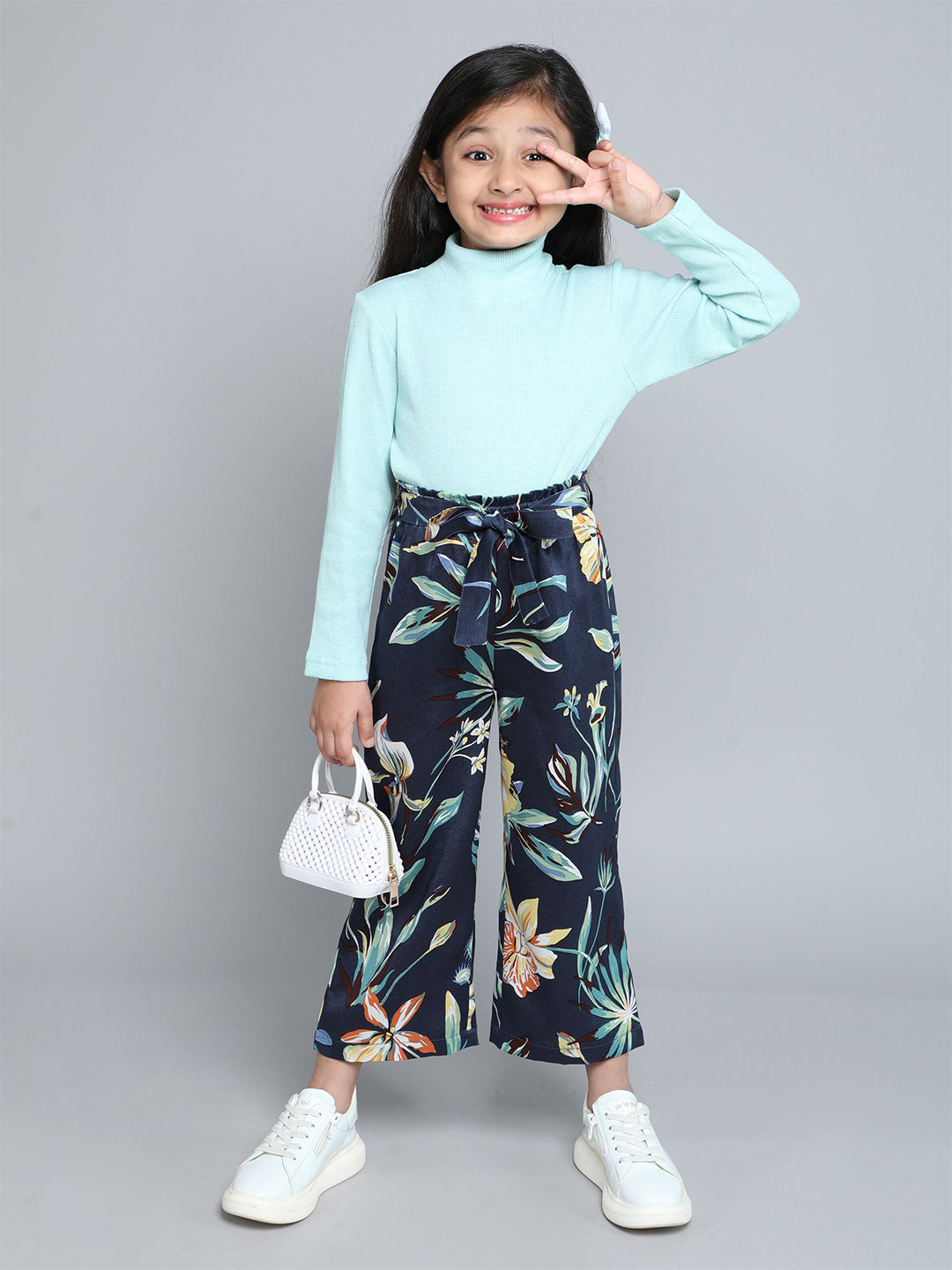 

taffykids Girls High Neck Long Sleeves Top With Trouser, Blue