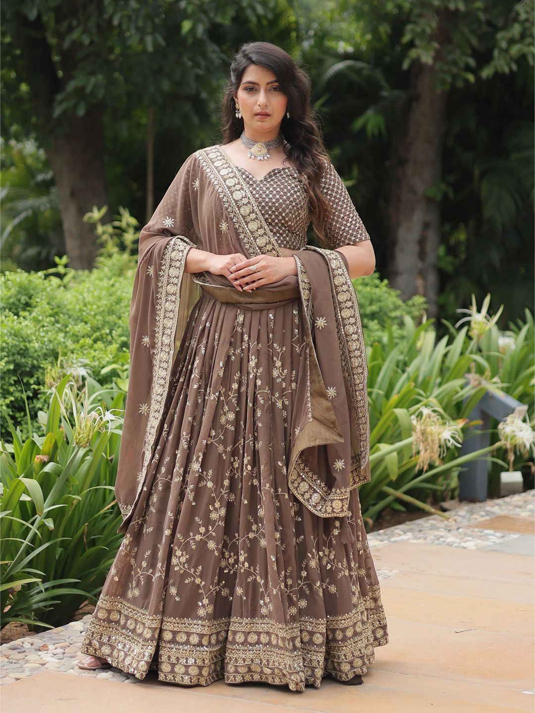 

Jogmaya Fashion Embroidered Ready to Wear Lehenga & Unstitched Blouse With Dupatta, Brown