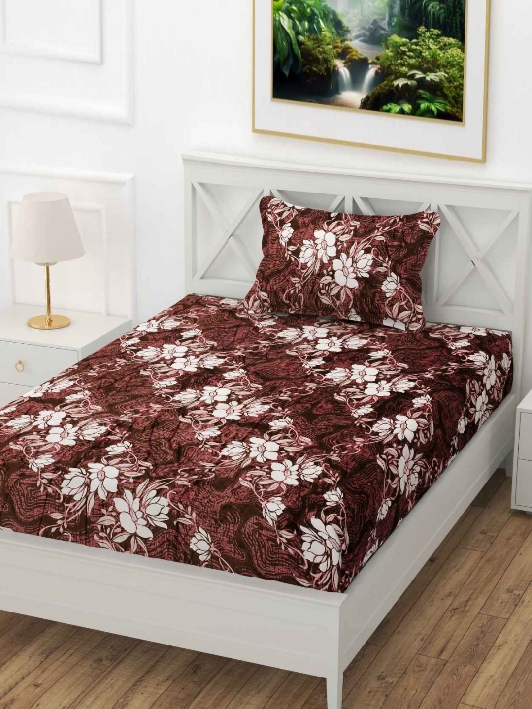 

YaAkholic Brown & White Floral 210 TC Velvet Single Bedsheet Set-1.82 m x 1.21 m