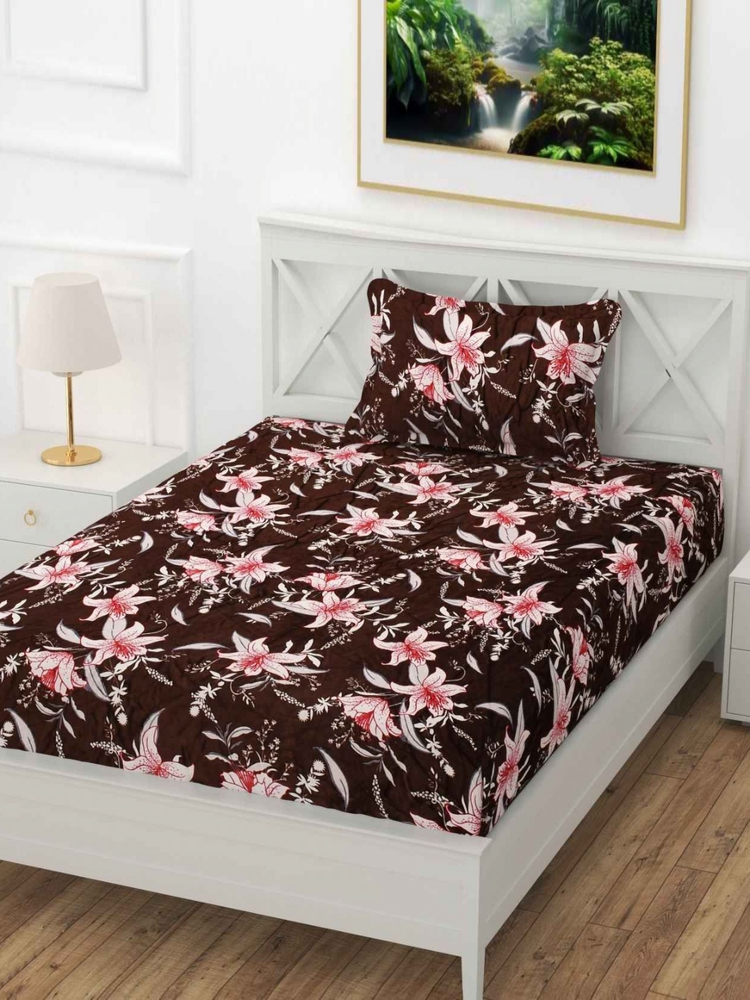

YaAkholic Coffee Brown & Red Floral 210 TC Velvet Single Bedsheet Set-1.82 m x 1.21 m