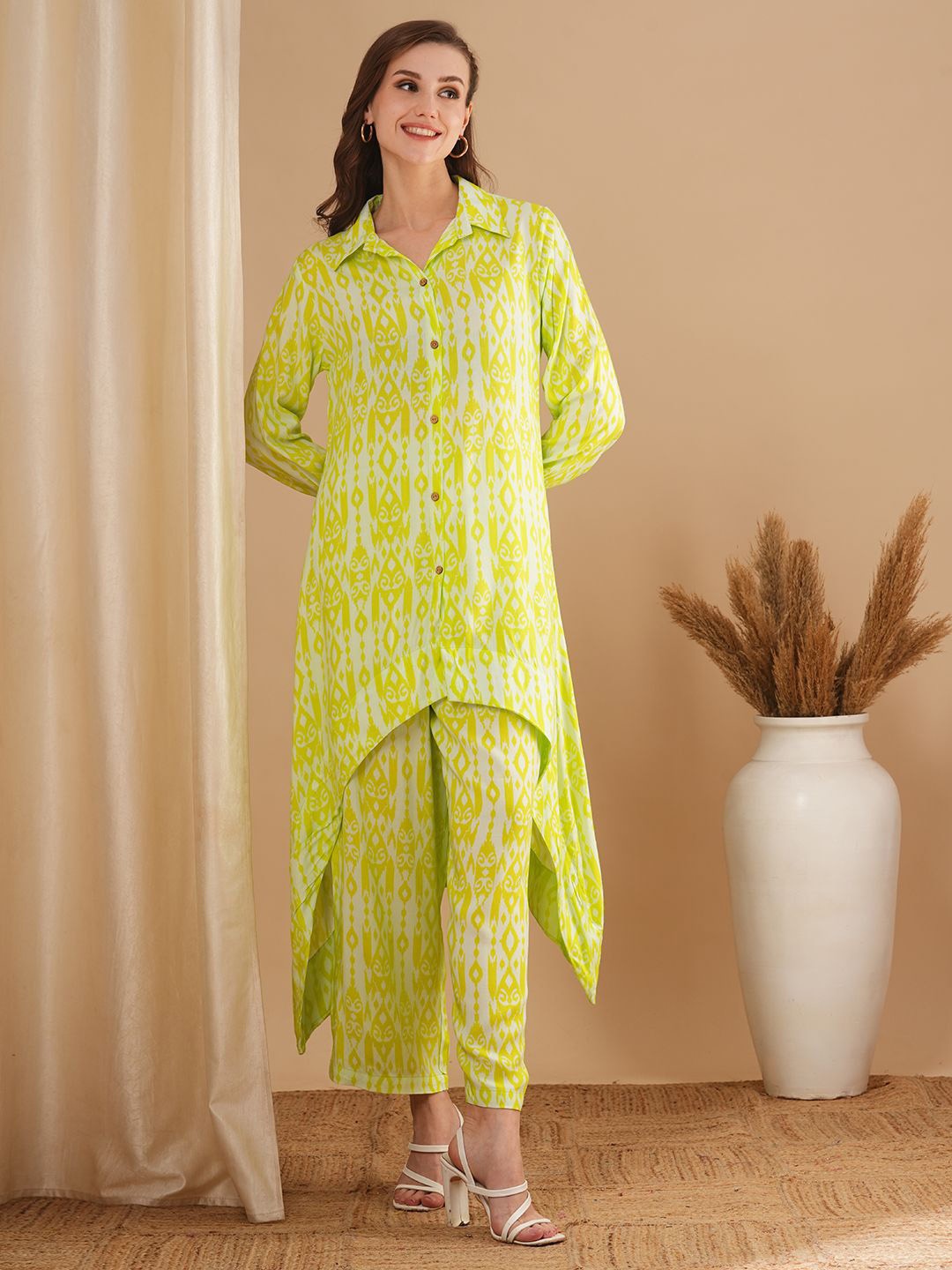 

FASHOR Green Shirt Collar Printed Tunic & Trouser