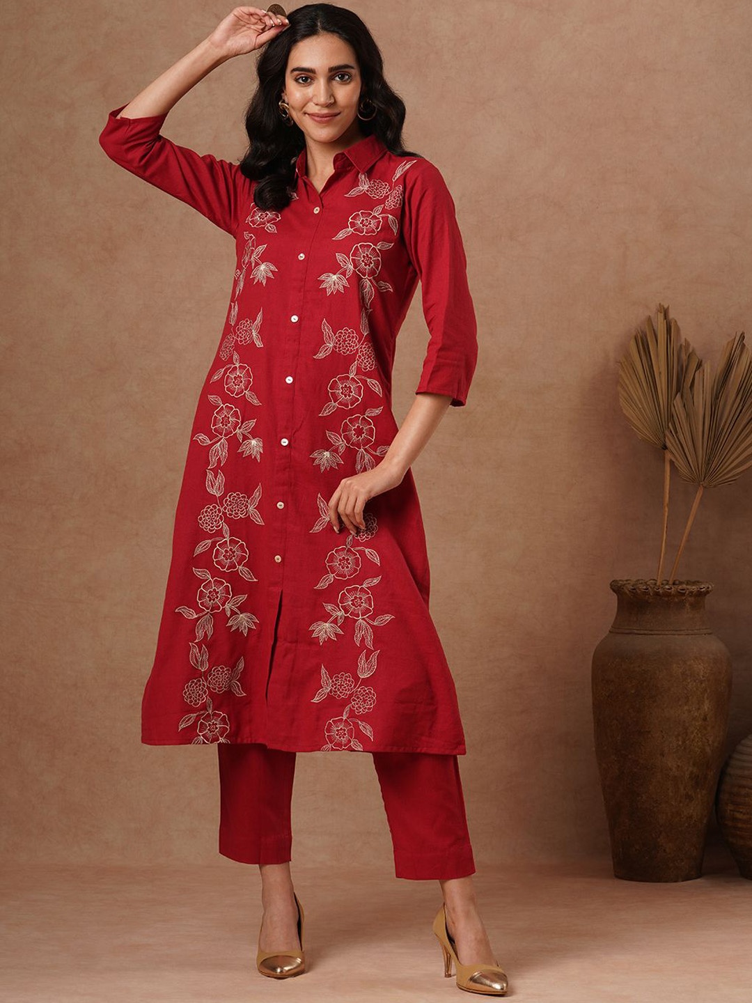 

FASHOR Red Shirt Collar Floral Embroidered Tunic With Trouser