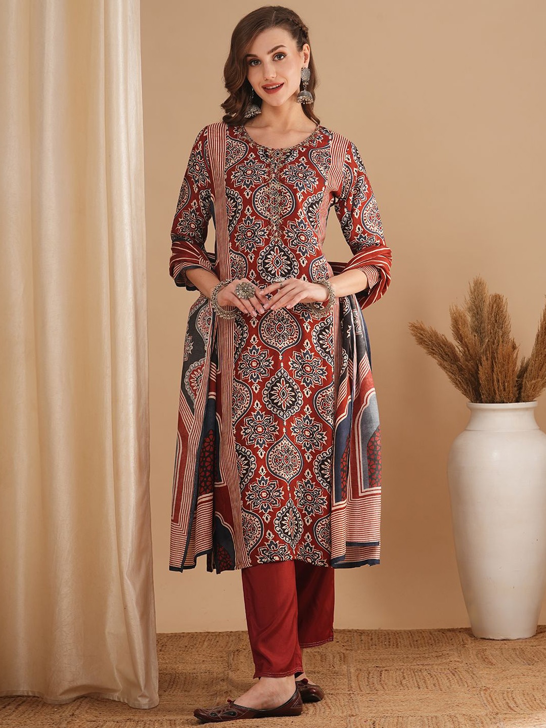 

FASHOR Ethnic Motifs Printed Beads and Stones Straight Kurta With Trouser & Dupatta, Rust