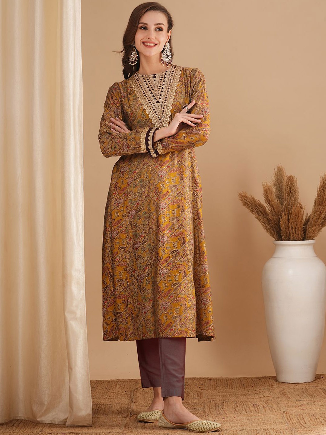 

FASHOR Ethnic Motifs Printed Mirror Work A-Line Kurta, Mustard