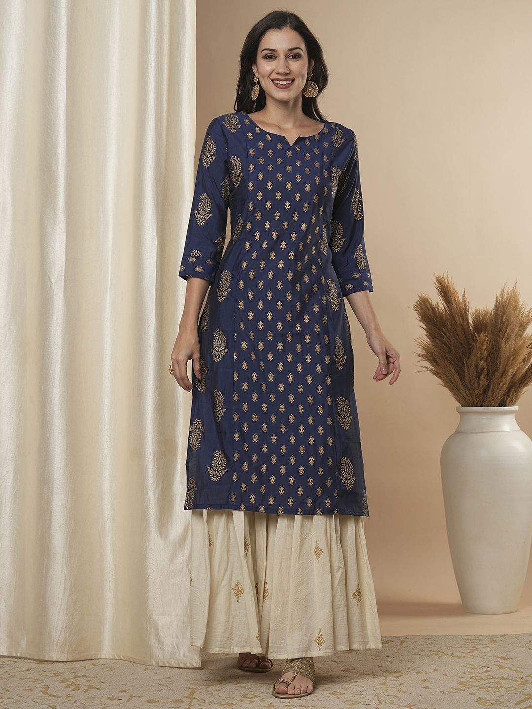 

FASHOR Ethnic Motifs Printed Straight Kurta, Blue