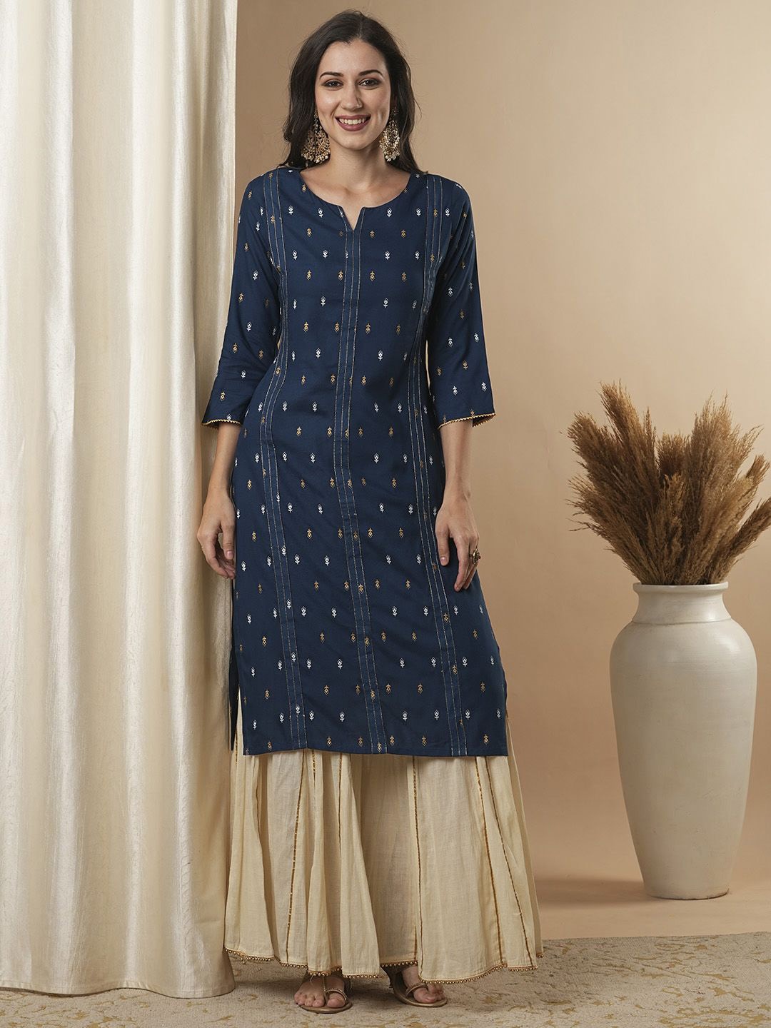 

FASHOR Ethnic Motifs Printed Gotta Patti Straight Kurta, Teal