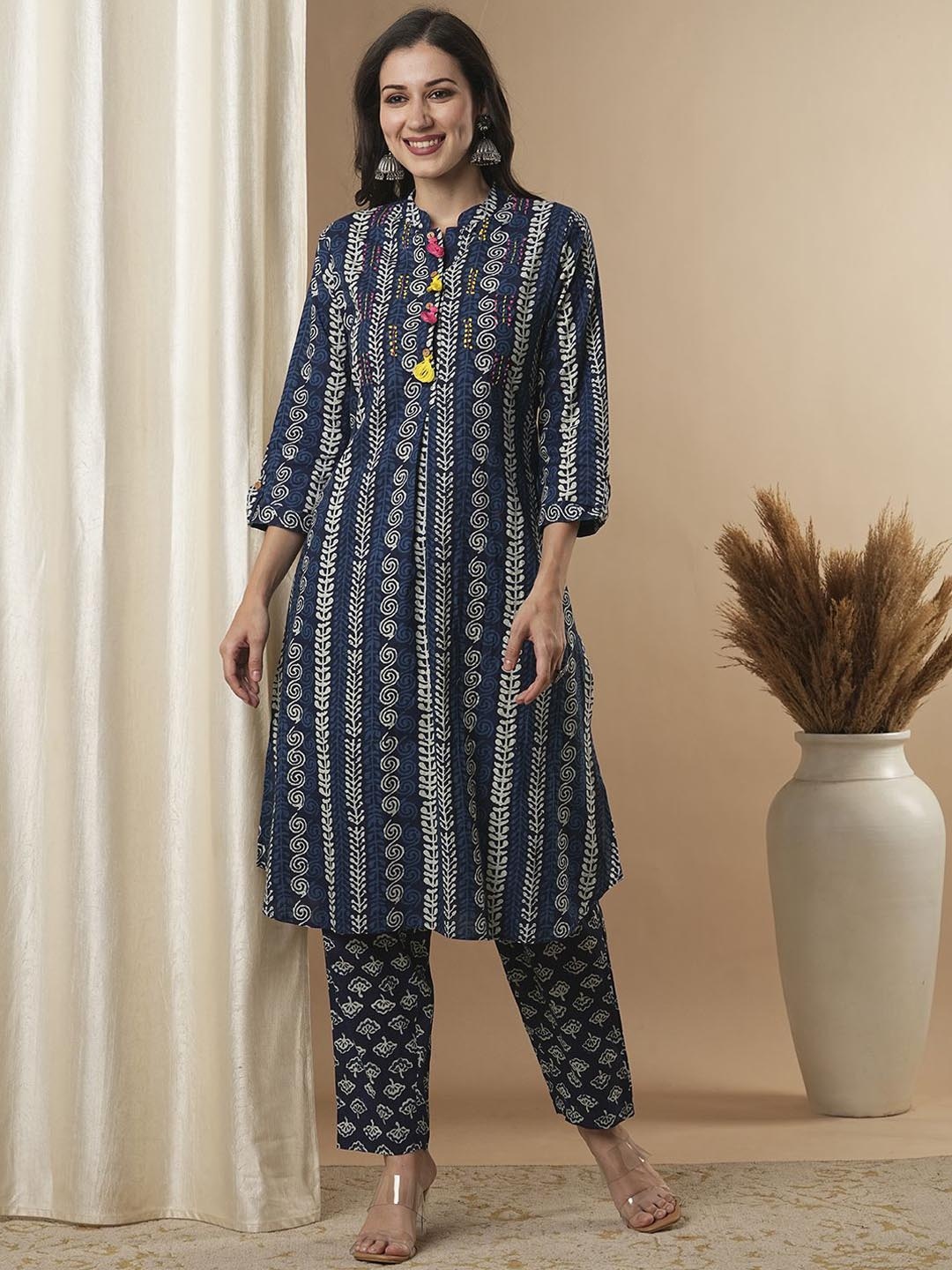 

FASHOR Ethnic Motifs Embroidered Pure Cotton A-Line Kurta With Trouser, Blue