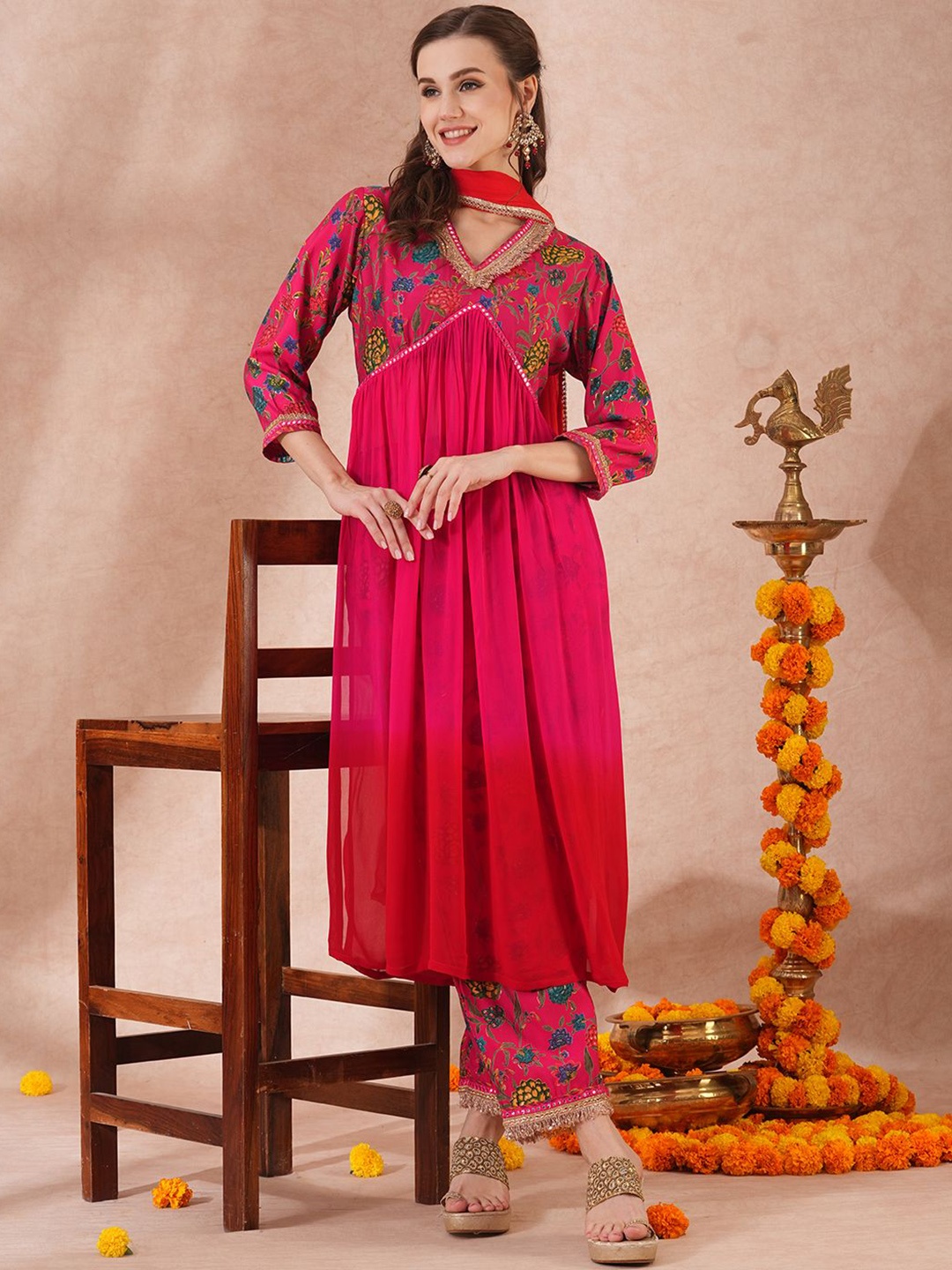 

FASHOR Floral Printed Pleated Mirror Work Georgette A-Line Kurta With Palazzo & Dupatta, Red