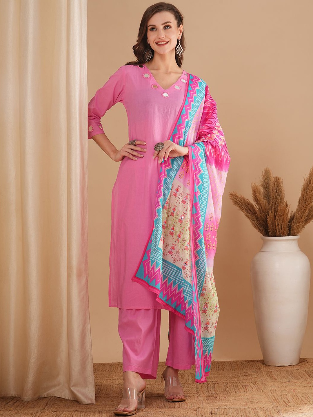 

FASHOR Mirror Work Pure Cotton Straight Kurta With Palazzo & Dupatta, Pink