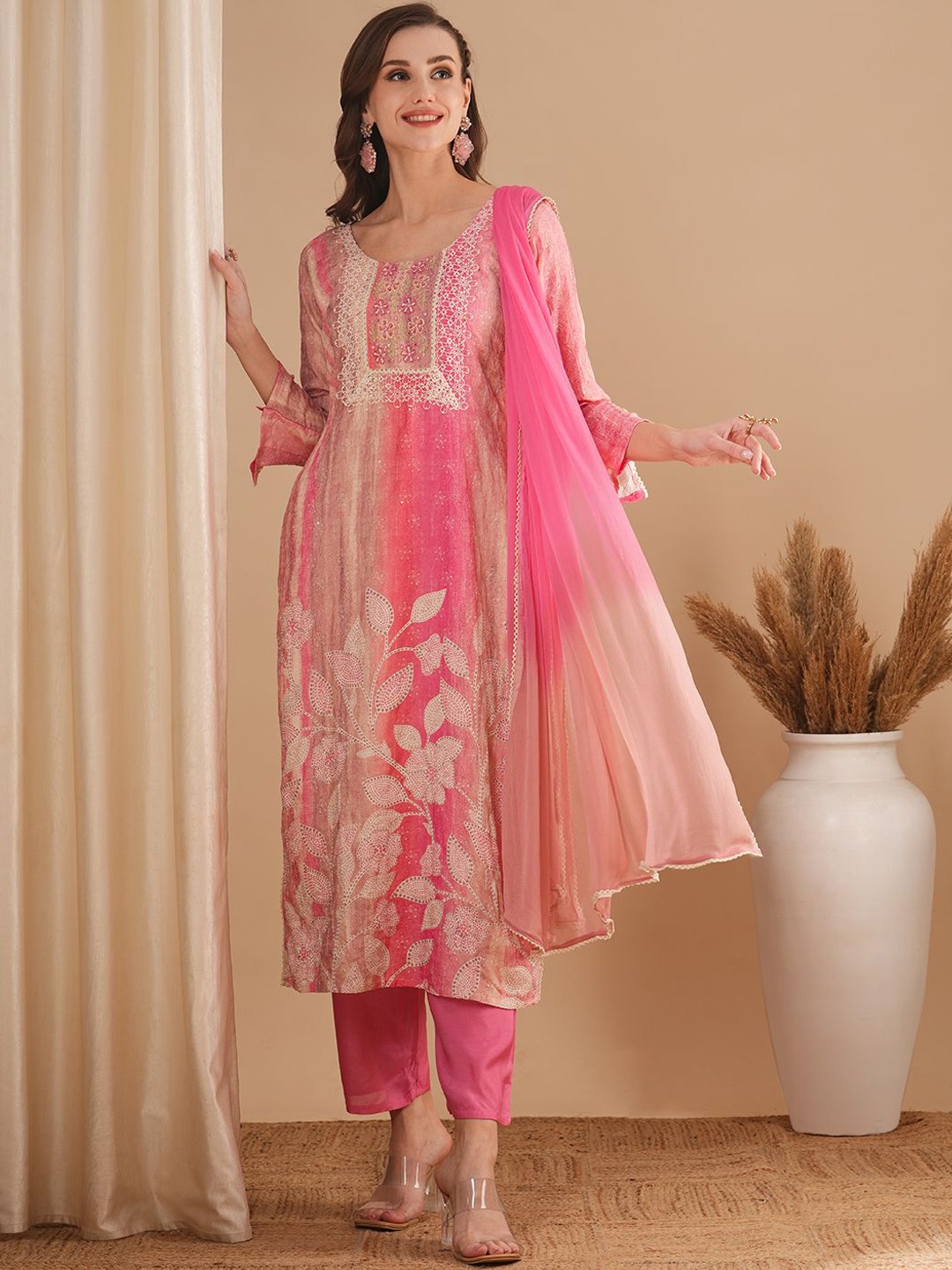 

FASHOR Floral Embroidered Mirror Work Straight Kurta with Trousers & Dupatta, Pink