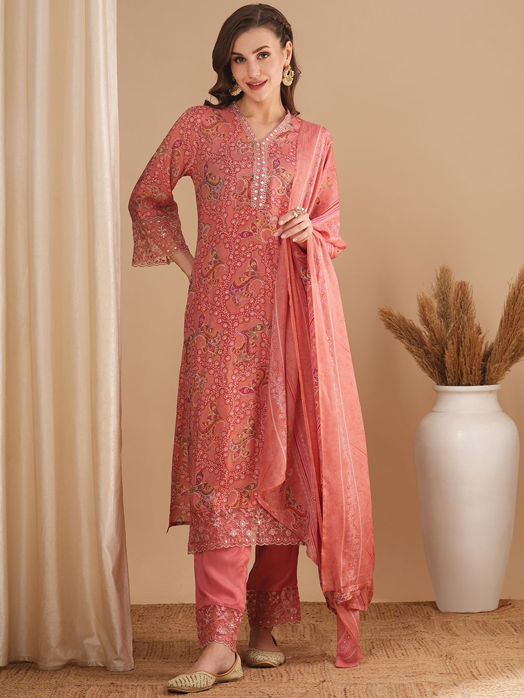 

FASHOR Ethnic Motifs Printed Regular Mirror Work Straight Kurta with Trousers & Dupatta, Pink