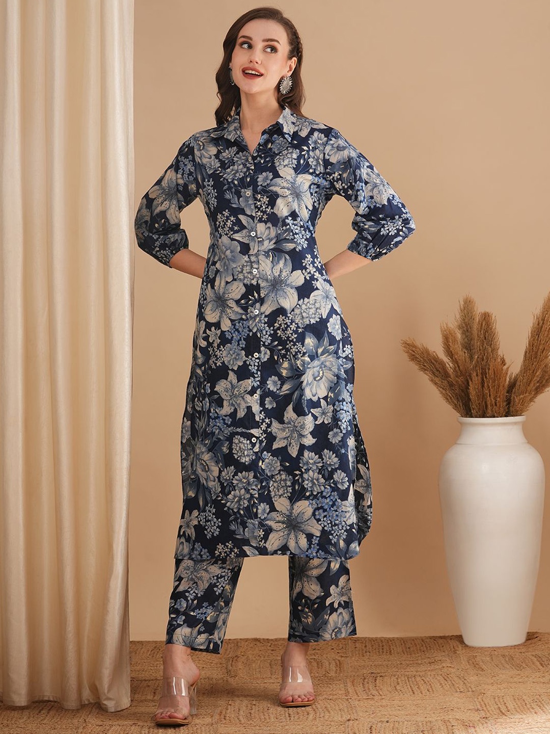 

FASHOR Blue Shirt Collar Floral Printed Pure Cotton Tunic With Trousers