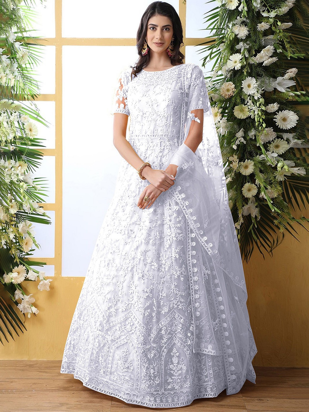 

APNISHA Floral Embroidered Net Fit & Flare Maxi Dress, White